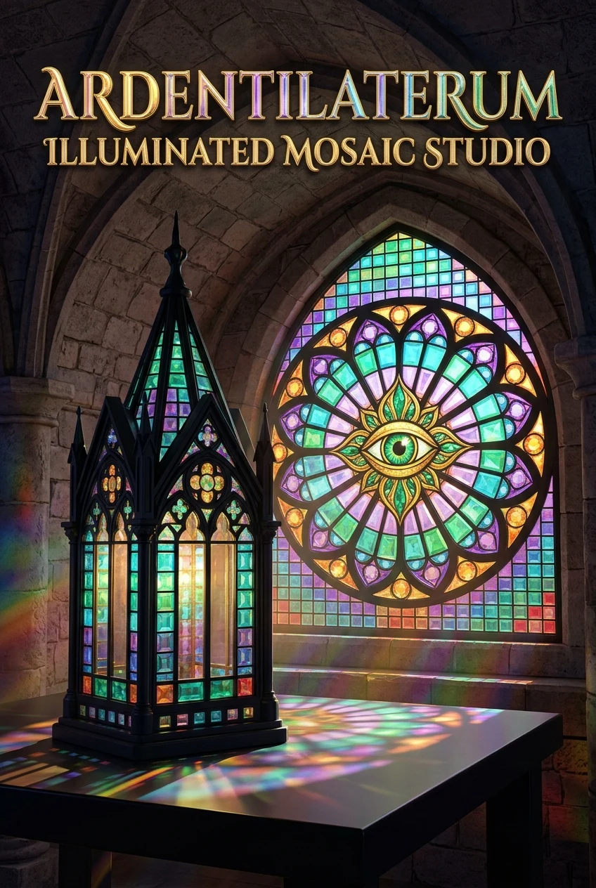 Ardentilaterum Illuminated Mosaic Studio cover showing a backlit stained-glass brick shrine lantern and rose window