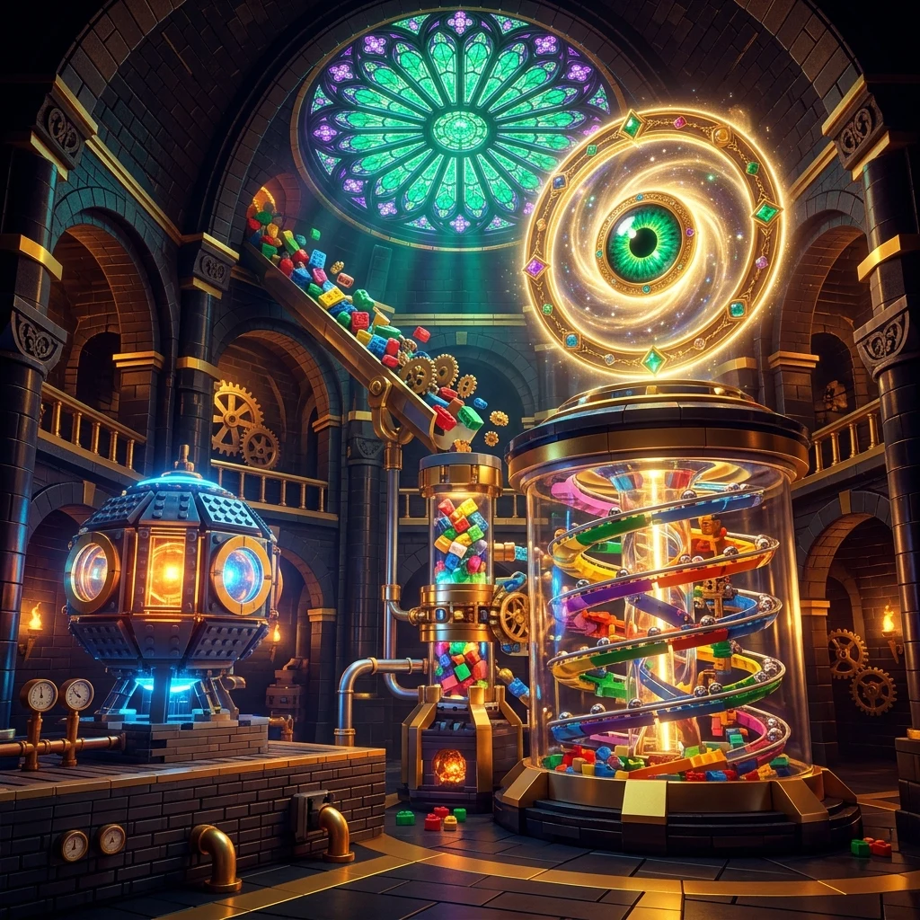 An alchemical synthesizer vessel transmuting unsorted building bricks and brass gears into a glowing spiral Great Ball Contraption and stained-glass rose windows