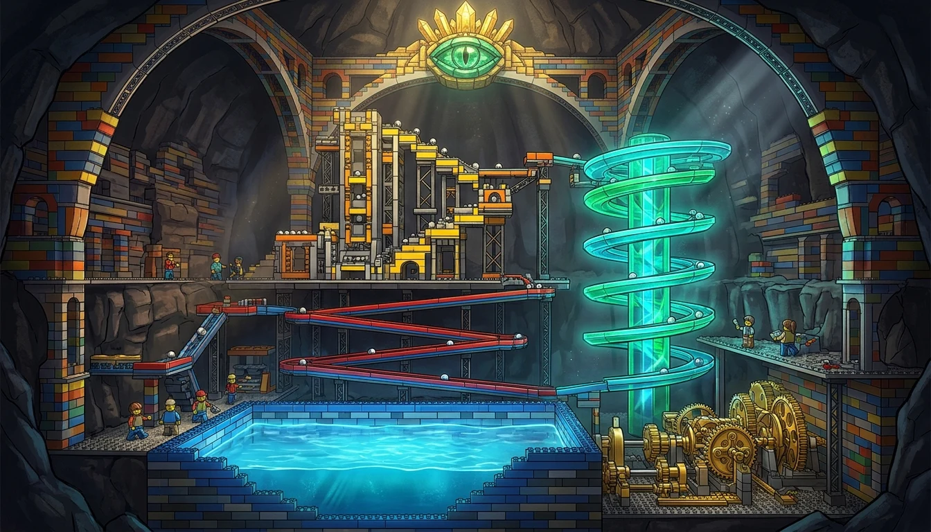 Cutaway architectural illustration of a three-tiered modular brick crystal cavern with a stepped ball lift, spiral prism helix, and dry/wet zone separation