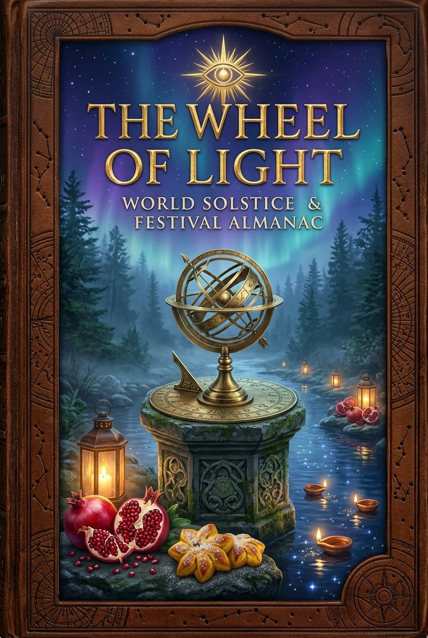 The Wheel of Light World Solstice and Festival Almanac cover with a brass armillary sphere and winter lanterns