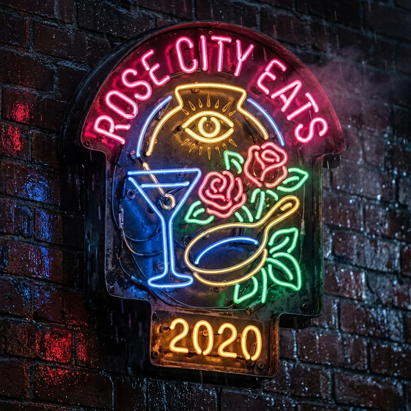 ROSE CITY EATS 2020 — Glowing Bent-Glass Neon Pearl District Tribute Badge & Print