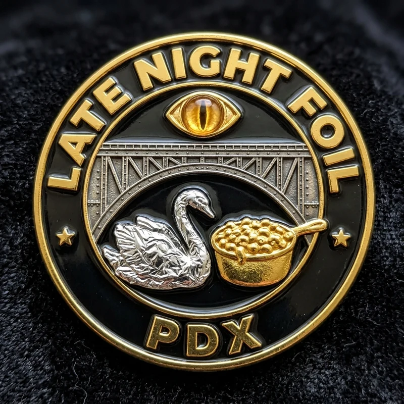 LATE NIGHT FOIL PDX — 24k Gold & Cloisonné Tin-Foil Swan Medallion Button & Sticker