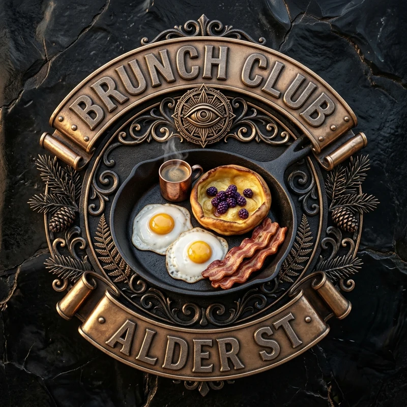 BRUNCH CLUB ALDER ST — Cast-Bronze & Cast-Iron Skillet Portland Brunch Tribute Crest