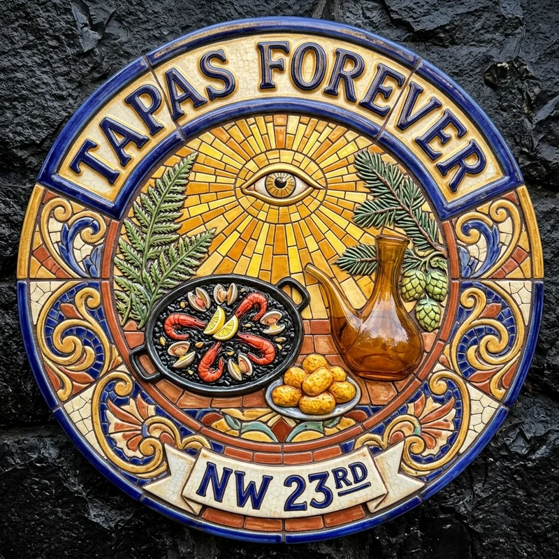 TAPAS FOREVER NW 23RD — Hand-Painted Catalan Ceramic Tile Crest & Kitchen Print