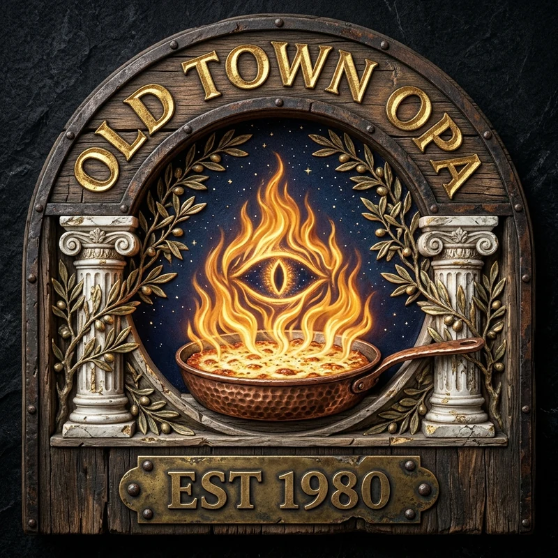 OLD TOWN OPA EST 1980 — Carved Timber & Flaming Copper Saganaki Portland Tribute Sign