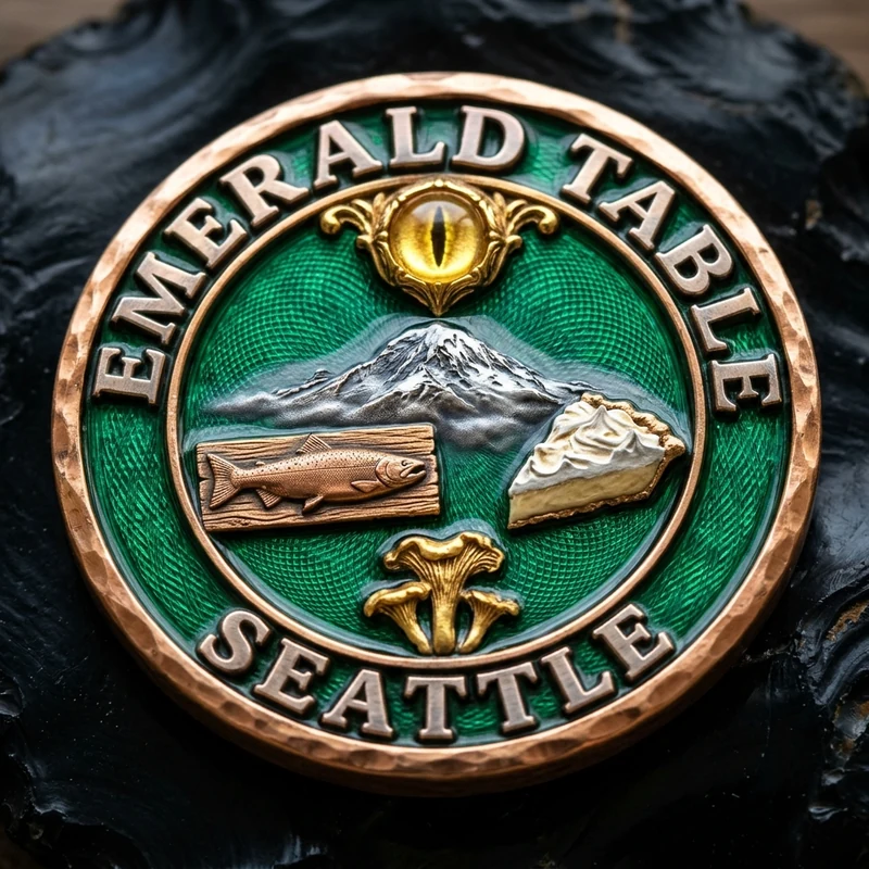 EMERALD TABLE SEATTLE — Hammered Copper & Guilloché Enamel PNW Culinary Medallion