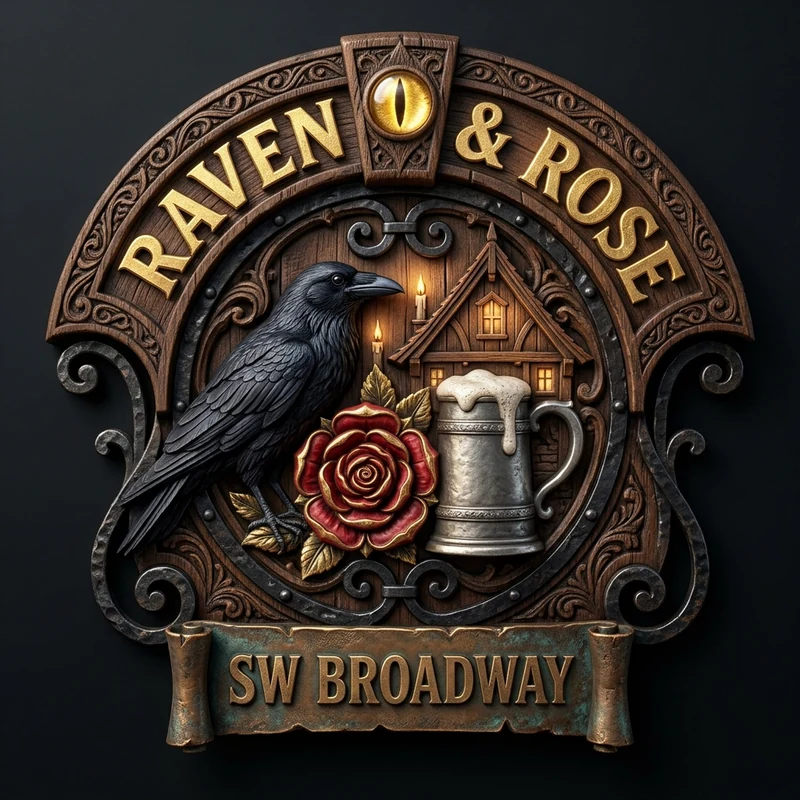 RAVEN & ROSE SW BROADWAY — Carved Victorian Timber & 24k Gold-Leaf Carriage House Tavern Crest