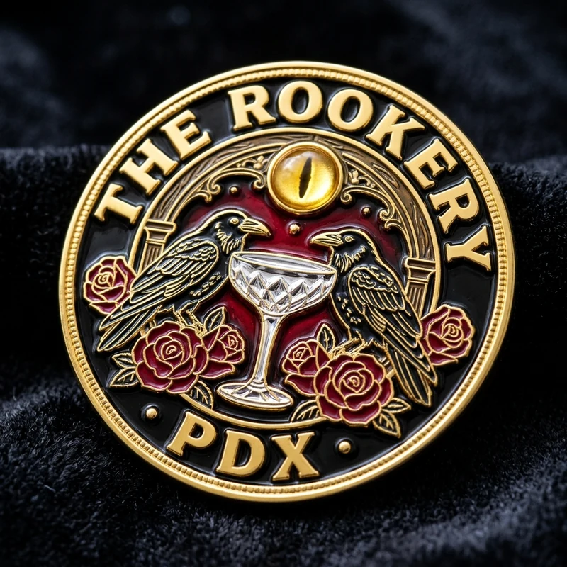 THE ROOKERY PDX — 24k Gold, Crimson Ruby & Obsidian Cloisonné Enamel Collector Pin & Sticker