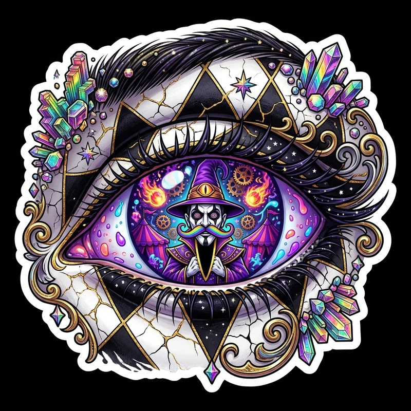 The Cosmic Dark Carnival Eye — Wicked Jester & Uncle Vorath Macro Portal Sticker & Print