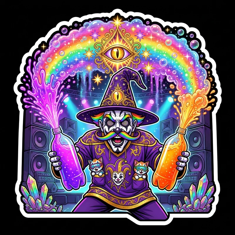 Cosmic Carnival Soda Shower — Front-Row 2-Liter Neon Blast Sticker & Art Print