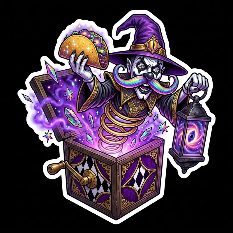 The Cosmic Riddle Box — Jack-in-the-Portal Wicked Wizard Sticker & Art Print