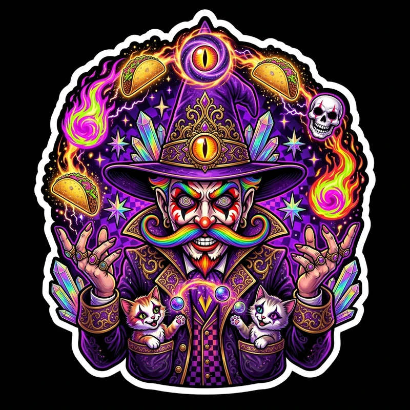 The Amazing Flame & Taco Juggler — Nine Orbs in the Dark Carnival Ring Sticker & Print
