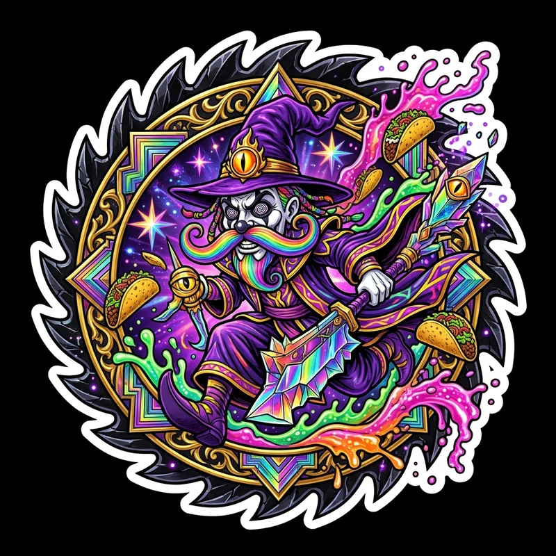 Running Wicked Wizard & Bismuth Hatchet-Staff — Sawblade Medallion Crest Sticker
