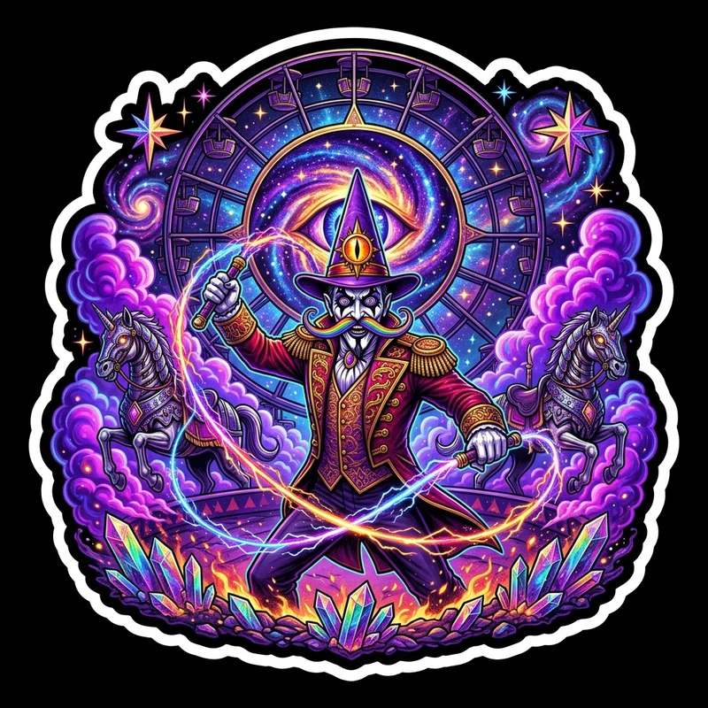 Ringmaster of the Midnight Midway — Haunted Ferris Wheel Portal Sticker & Art Print