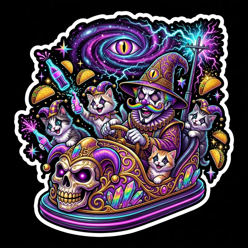 Wicked Clown Kittens & Uncle Vorath — Haunted Jester Bumper-Car Joyride Sticker