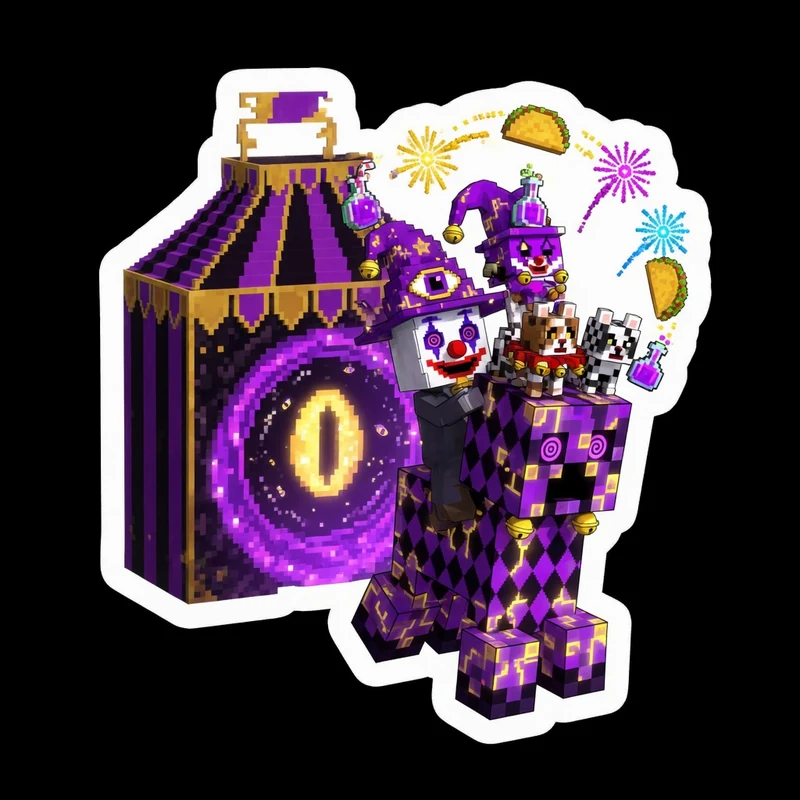 Blocky Dark Carnival — Voxel Uncle Vorath & Wicked Clown Creeper Sticker & Print