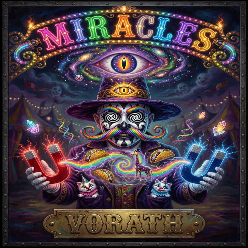Miracles & Magnets — Wicked Wizard Uncle Vorath Cosmic Science Parody Poster & Card