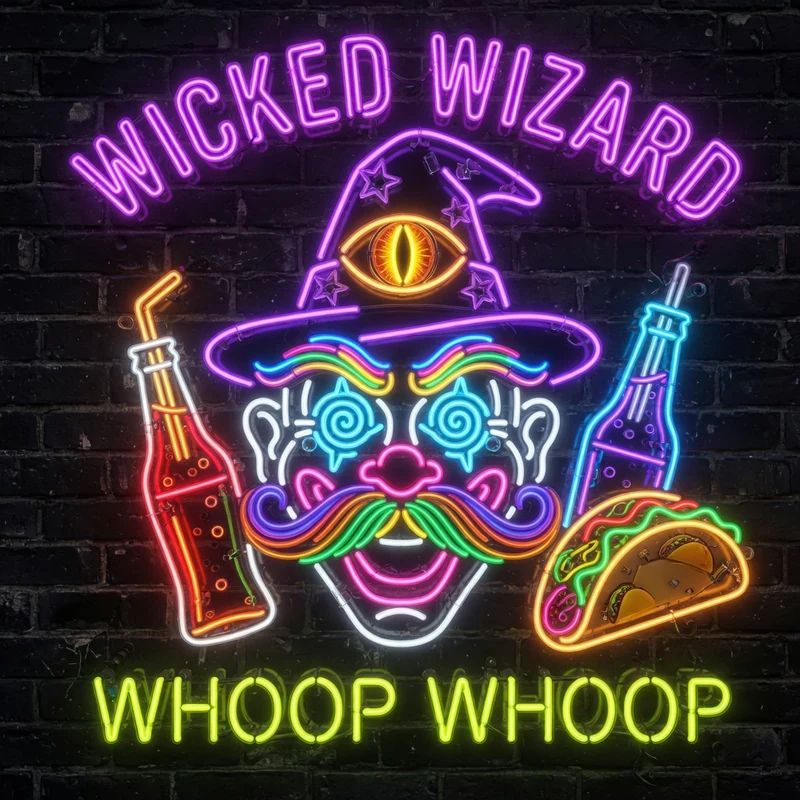 Wicked Wizard Whoop Whoop — Bent-Glass Midnight Carnival Neon Sign Sticker & Print