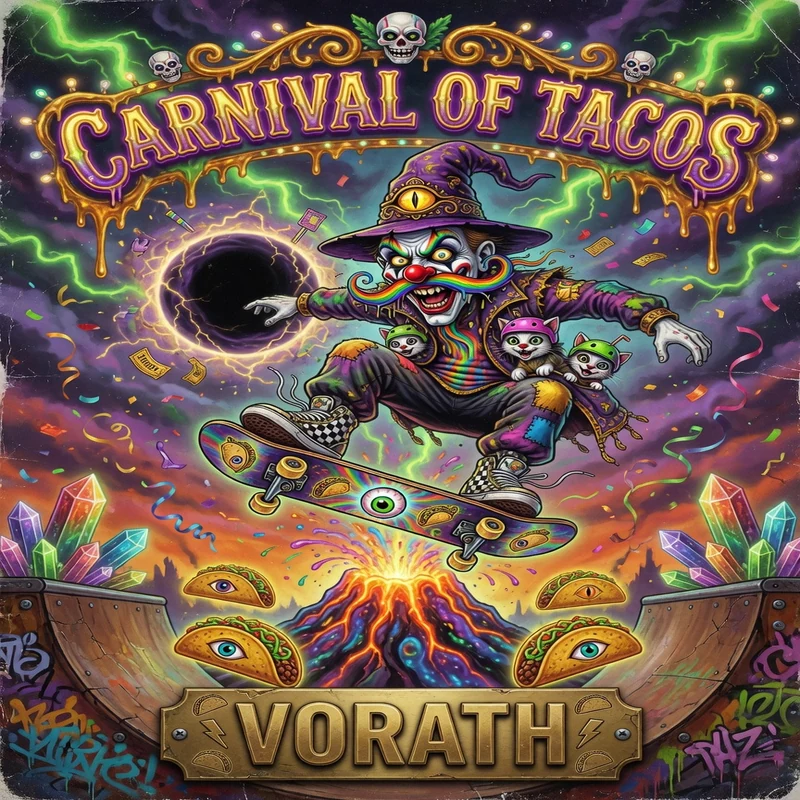 Carnival of Tacos Vorath — 90s Wicked Clown Skate-Thrasher Deck & Streetwear Print