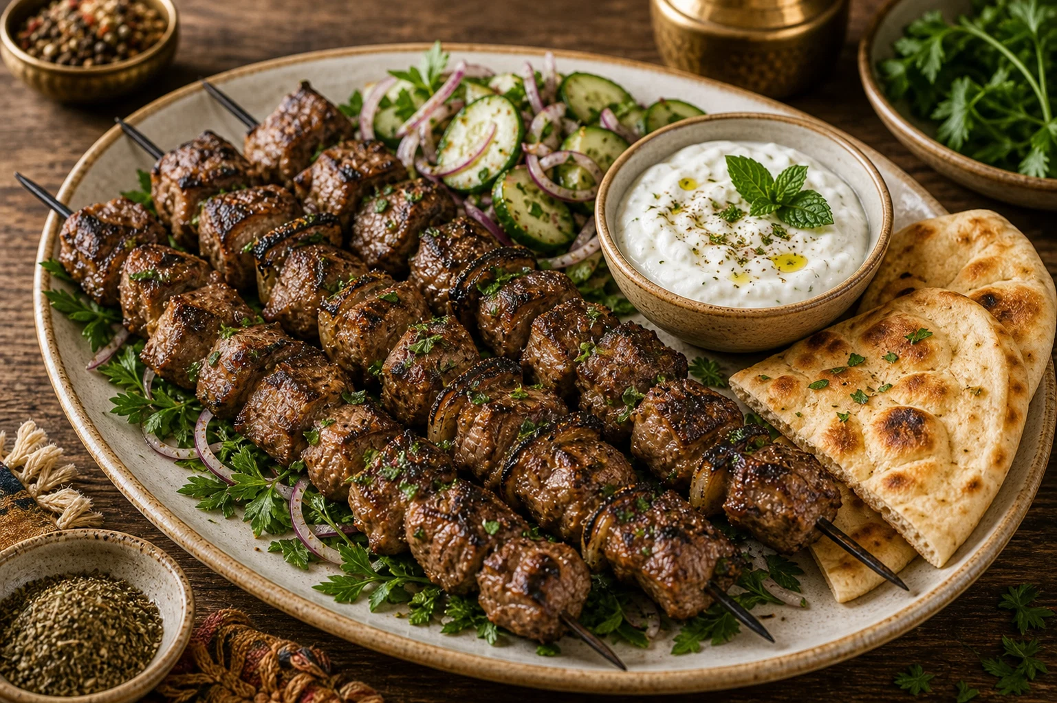 5. Ottoman Empire (~1500) — Lamb Kebab with Yogurt Sauce Photographic Plate