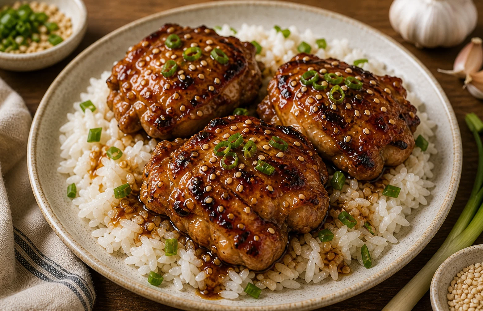 Recipe 3: Honey-Garlic Chicken Thighs with Jasmine Rice Photographic Plate