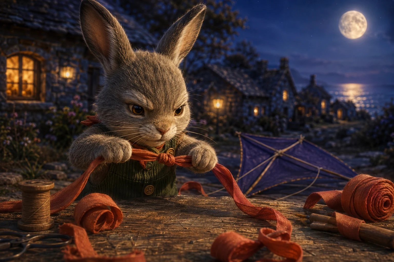 Bram leans over the wooden workbench and pulls at a compact knot in the coral ribbon, his long ears leaning forward.