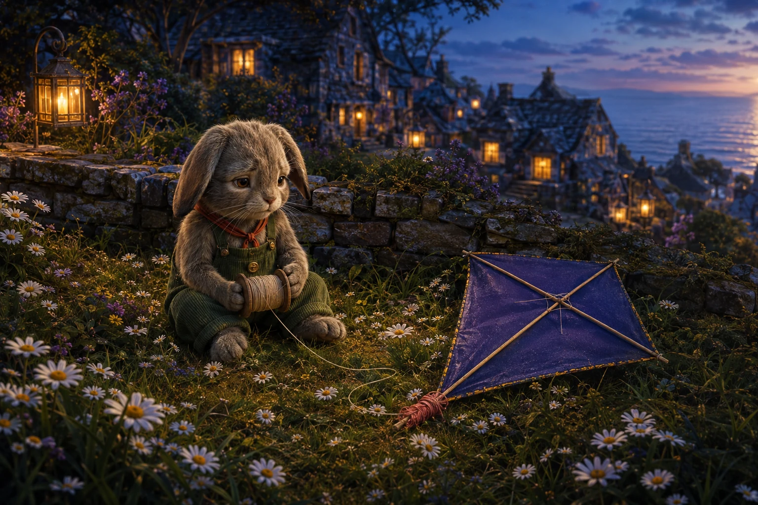 Bram sits among the daisies with the string spool in his paws. His indigo kite rests on the grass, its coral tail wound around the lower tip.