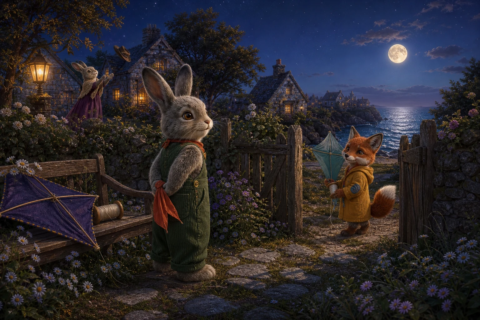 Bram hides the coral ribbon behind his back. Fern, a small fox in a yellow coat with a blue-green elbow patch, waits at the gate with her pale-teal kite. Behind them, Mother reaches for a windblown hat.
