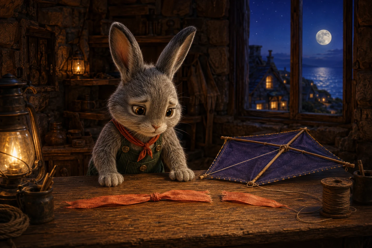 Two coral ribbon pieces lie apart on the workbench, their torn ends separated by a gap. Bram looks down at them beside the intact indigo kite.