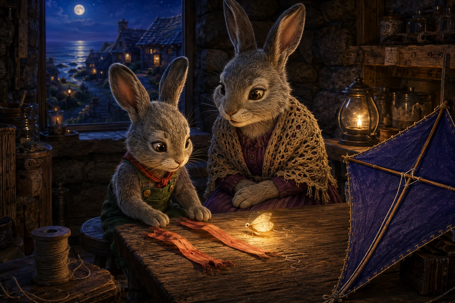 Mother sits close to Bram in the workshop. MOTE, a tiny glowing cream-and-gold moth, lights the torn ends of two ribbon pieces lying on the bench.