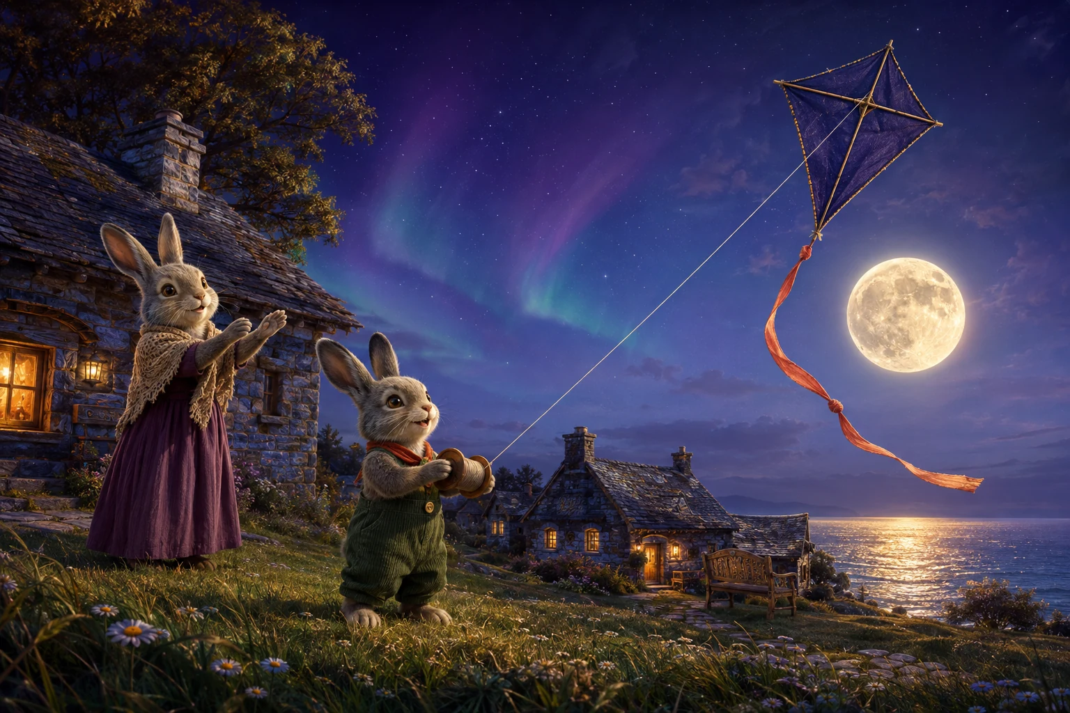 Bram holds the spool as his indigo kite rises over the moonlit garden. Mother watches beside him. The long coral tail, with its knots visible, streams beneath the kite.