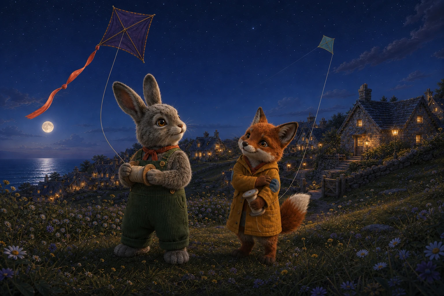 Bram and Fern stand together on the grass with their kite spools. Fern touches the patch on her yellow coat as the indigo and pale-teal kites fly above them.
