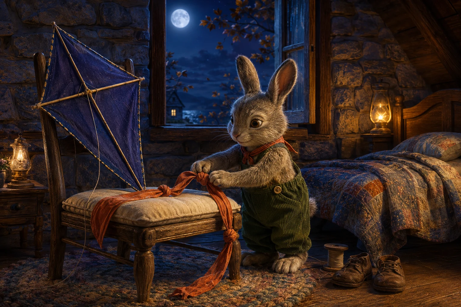 Beside his bed, Bram lifts the knotted coral tail onto a chair cushion beneath the resting kite. His wooden spool sits on the floor beside his shoes.