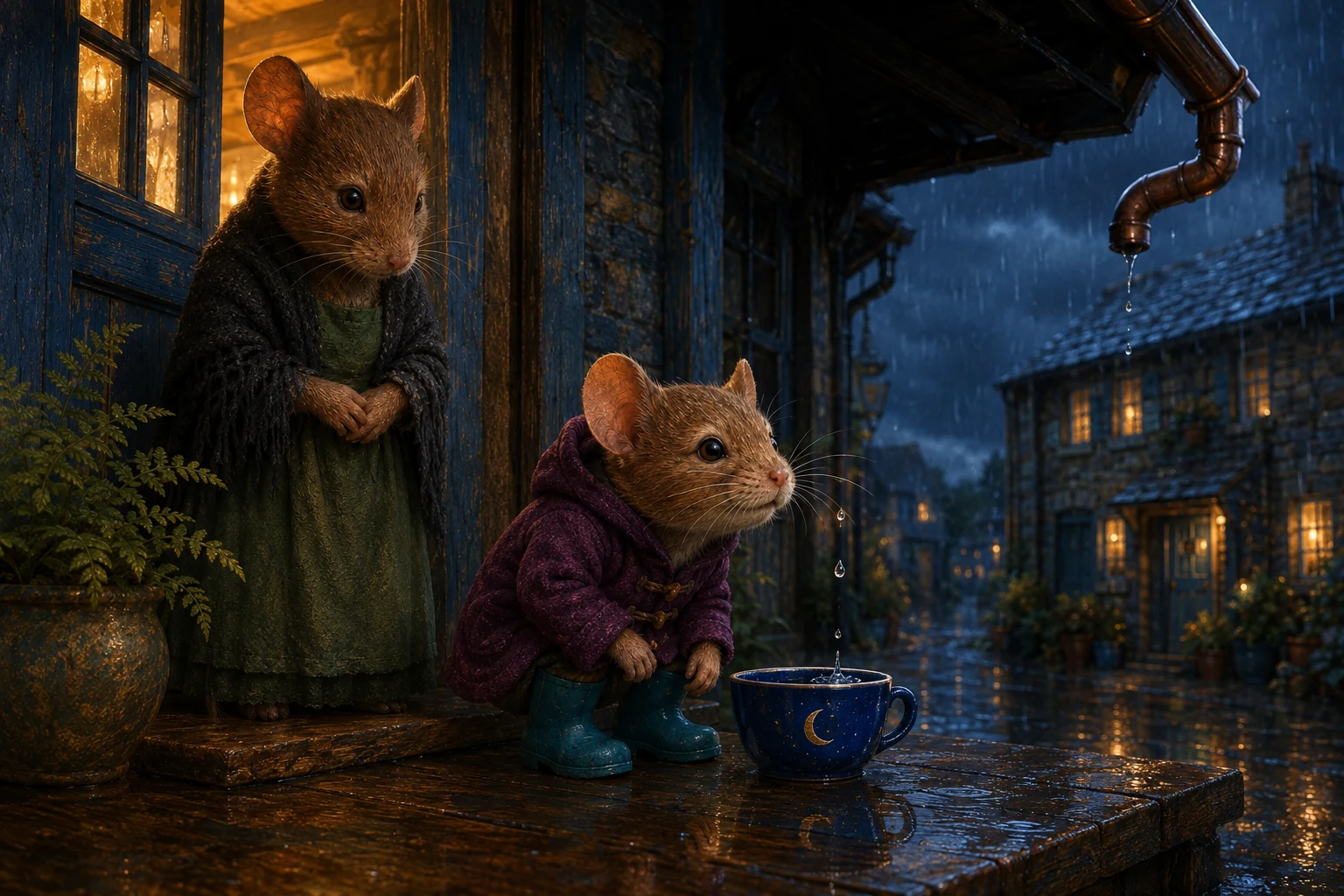 Ola crouches on the porch and listens as a raindrop falls into the blue teacup beside her teal boot.