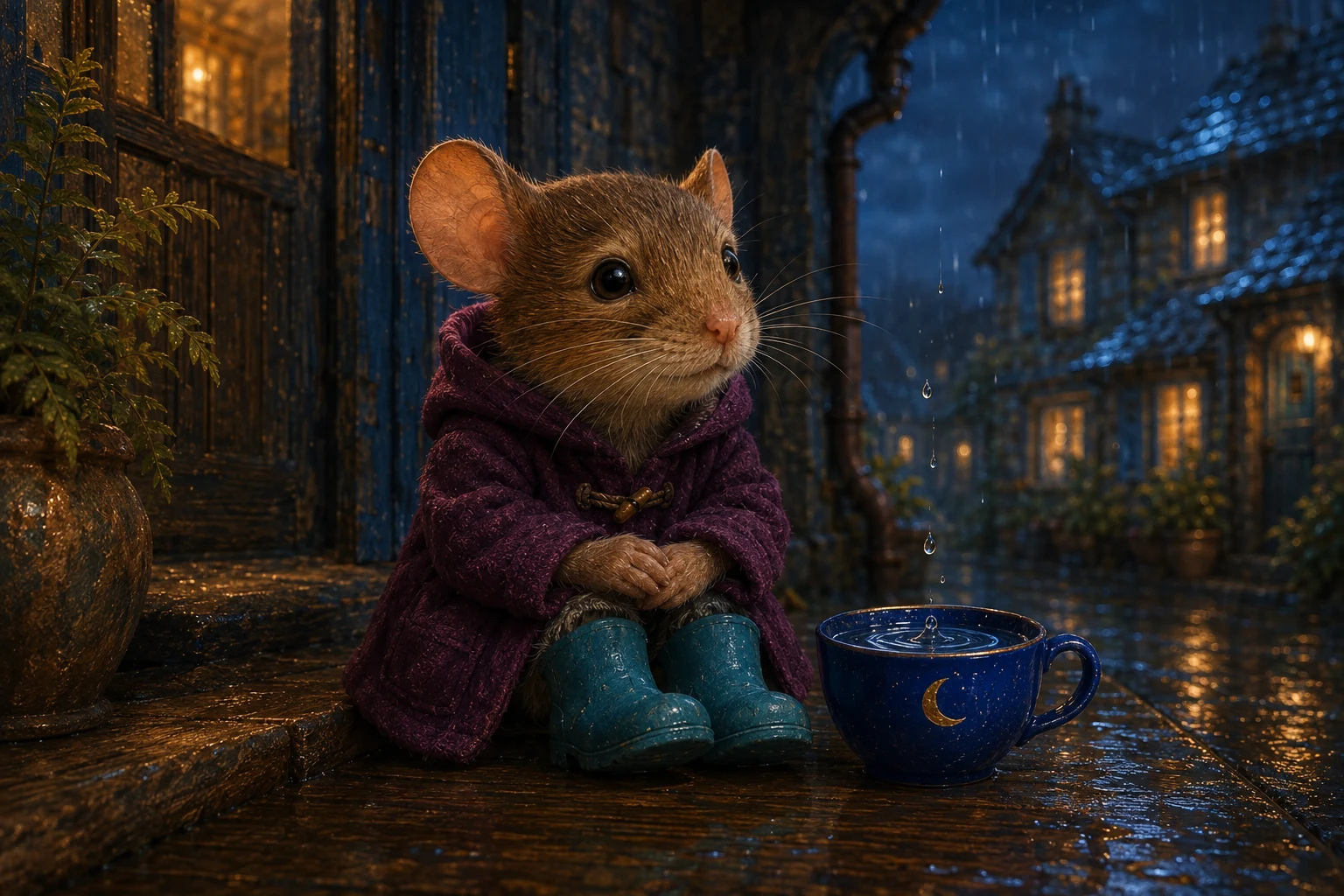 Ola sits beside the partly filled cup. A small ripple spreads across its water as she listens.