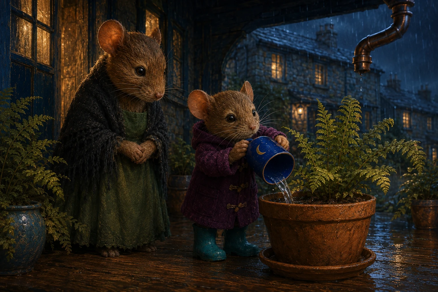 Ola carefully empties the cup's rainwater onto the soil of a potted fern.