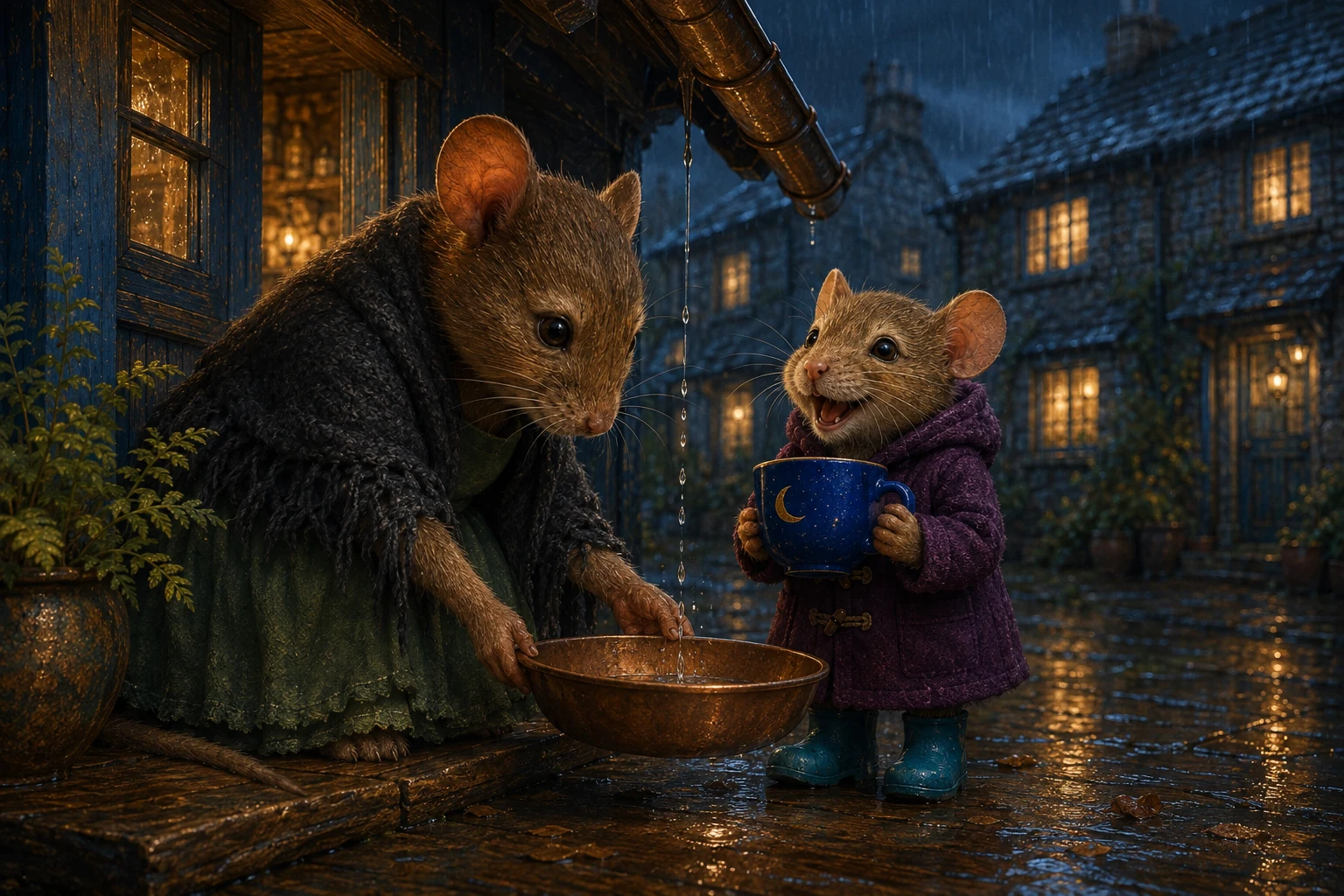 Aunt places a copper pan beside the small blue cup. Ola smiles at the two different rainy instruments.