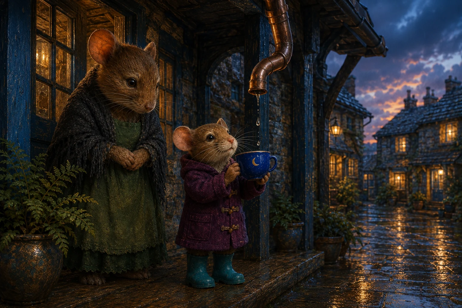Ola holds the cup under the gutter and waits for its last trembling drop as the sky clears.