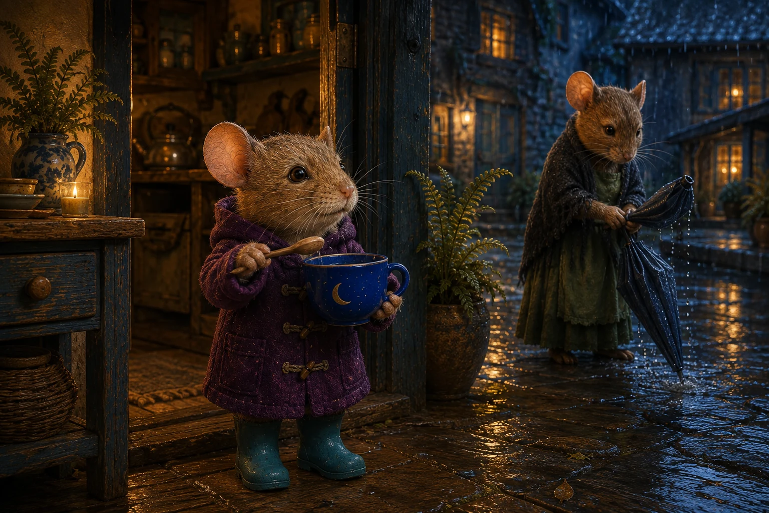 Ola's ears perk up as she taps the empty teacup with a wooden spoon. Aunt stands by the doorway with her wet umbrella.
