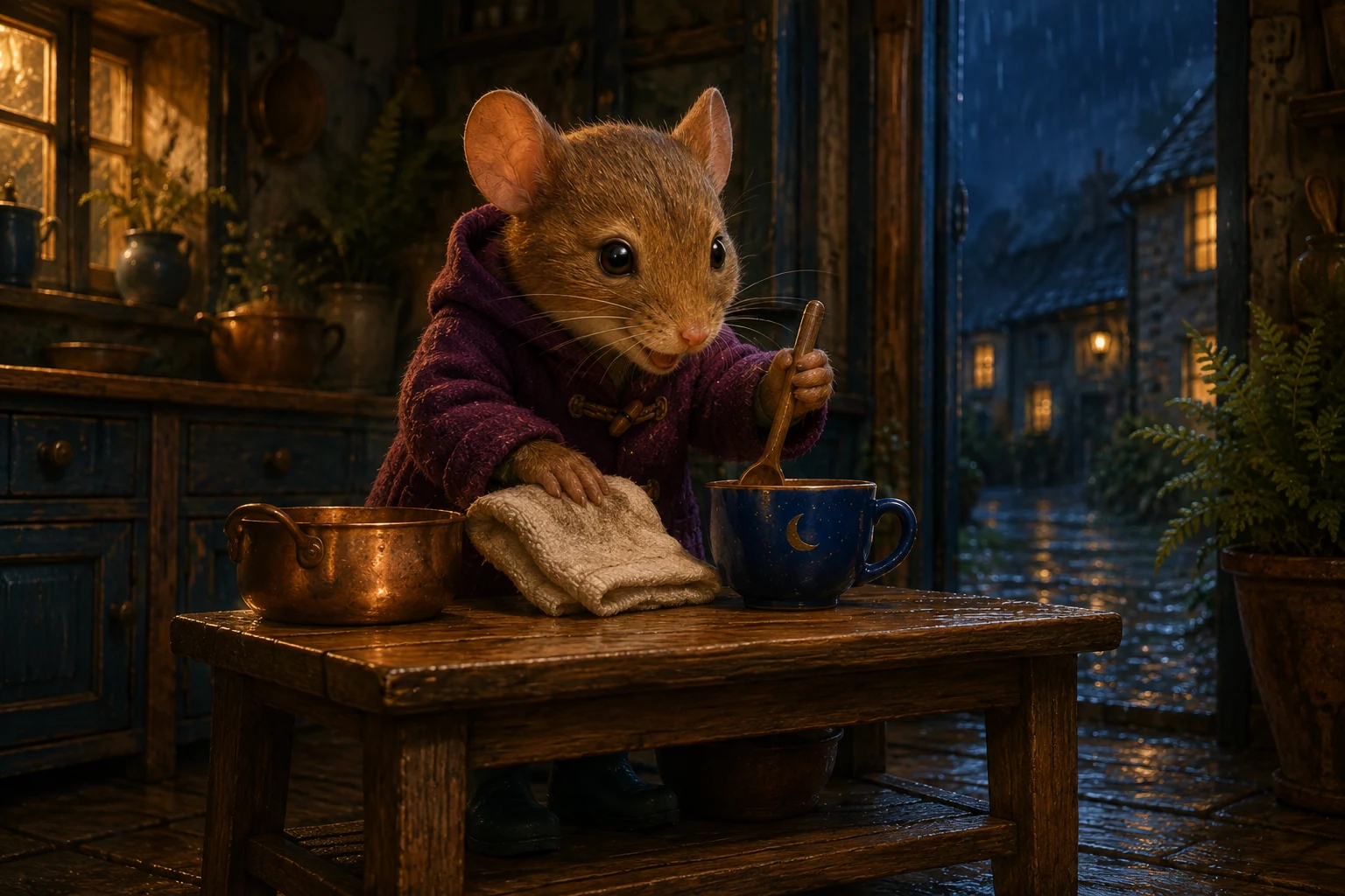 Ola makes a little orchestra from the blue cup, a copper pan, a folded towel and a wooden spoon.