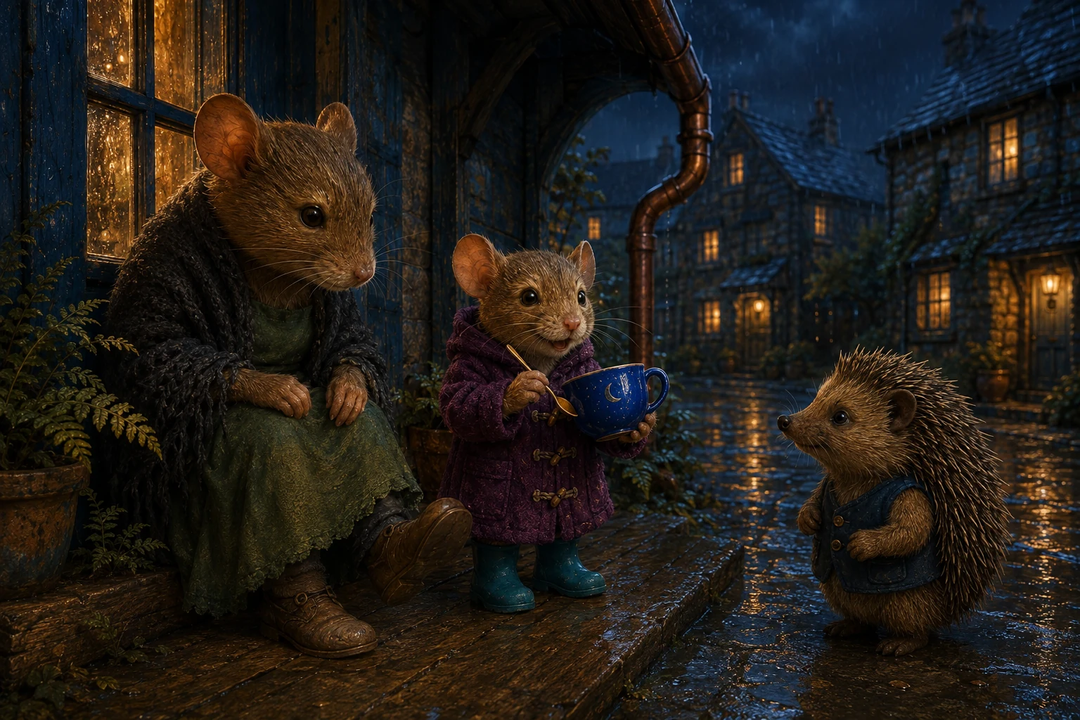 Ola taps her cup for Aunt and a hedgehog neighbor. Aunt joins in by tapping her boot.