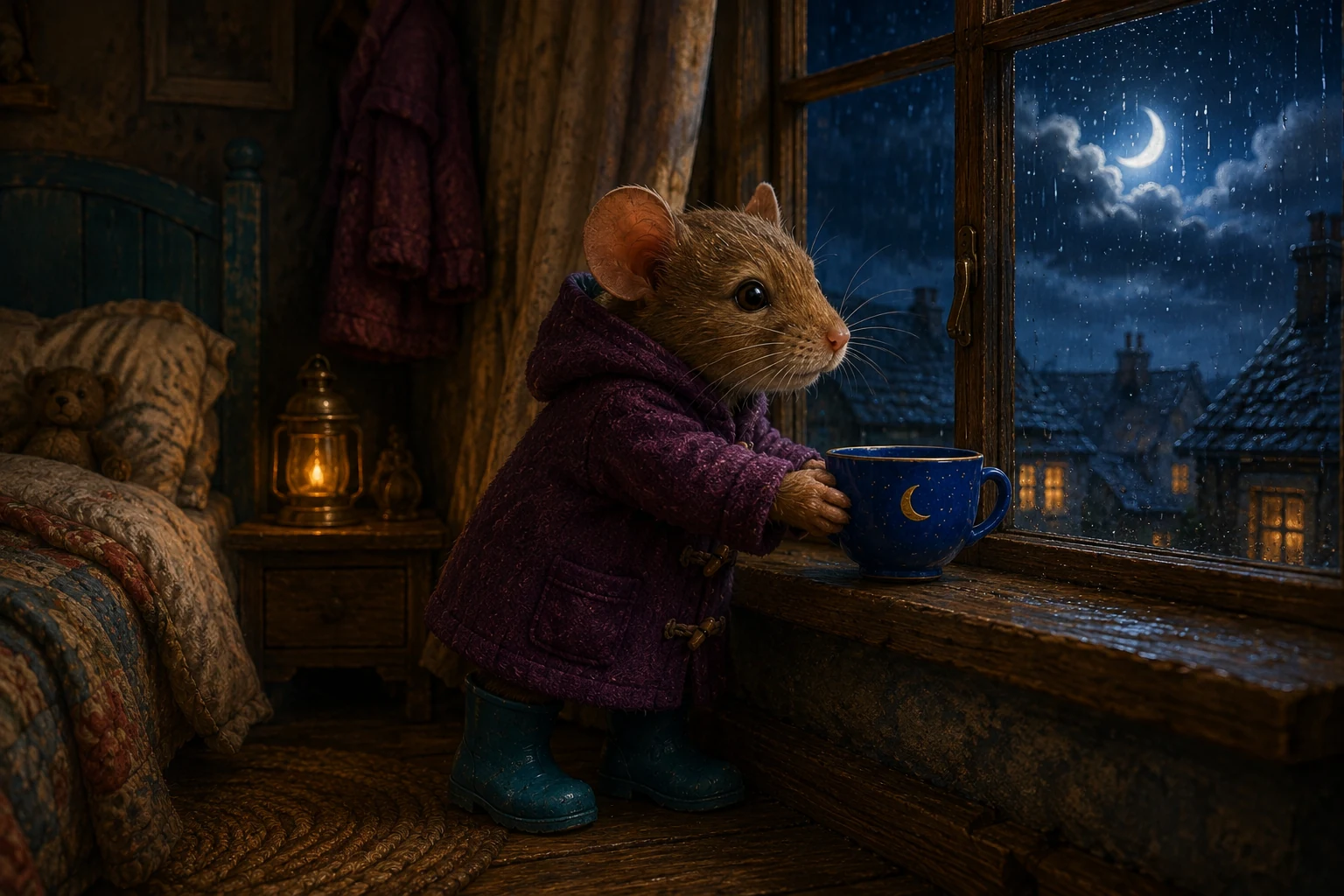 Ola places the empty blue cup on a windowsill beneath a thin silver cloud in the night sky.
