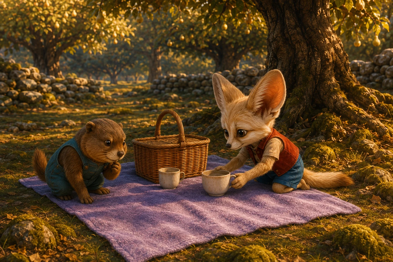Nim arranges a basket and cups on the lavender blanket while Roo chooses a corner in the shade.