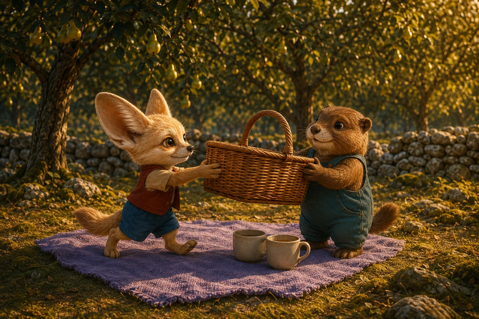 Roo holds the wicker basket above the cups to make a small patch of shade.