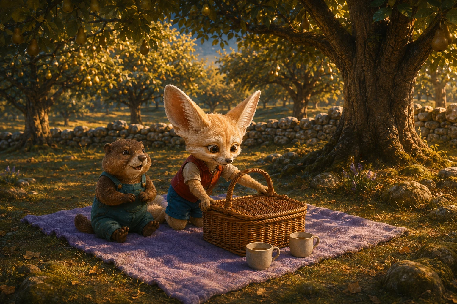 Nim sets the basket down on the blanket after holding it up. Roo sits beside him in dappled light.