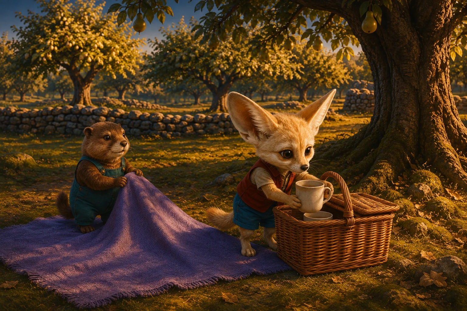 Roo lifts a corner of the blanket while Nim packs the cups safely into the basket.