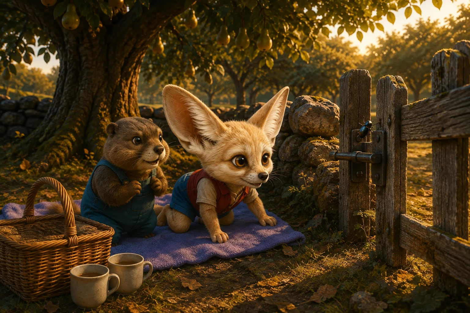 From their new picnic place, Nim and Roo watch a beetle climb the garden gate's latch.