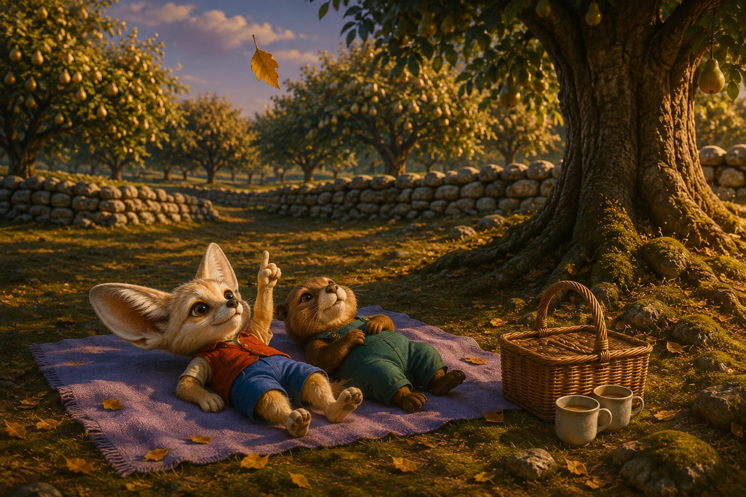 Nim and Roo lie side by side on the blanket in the tree's long evening shadow.
