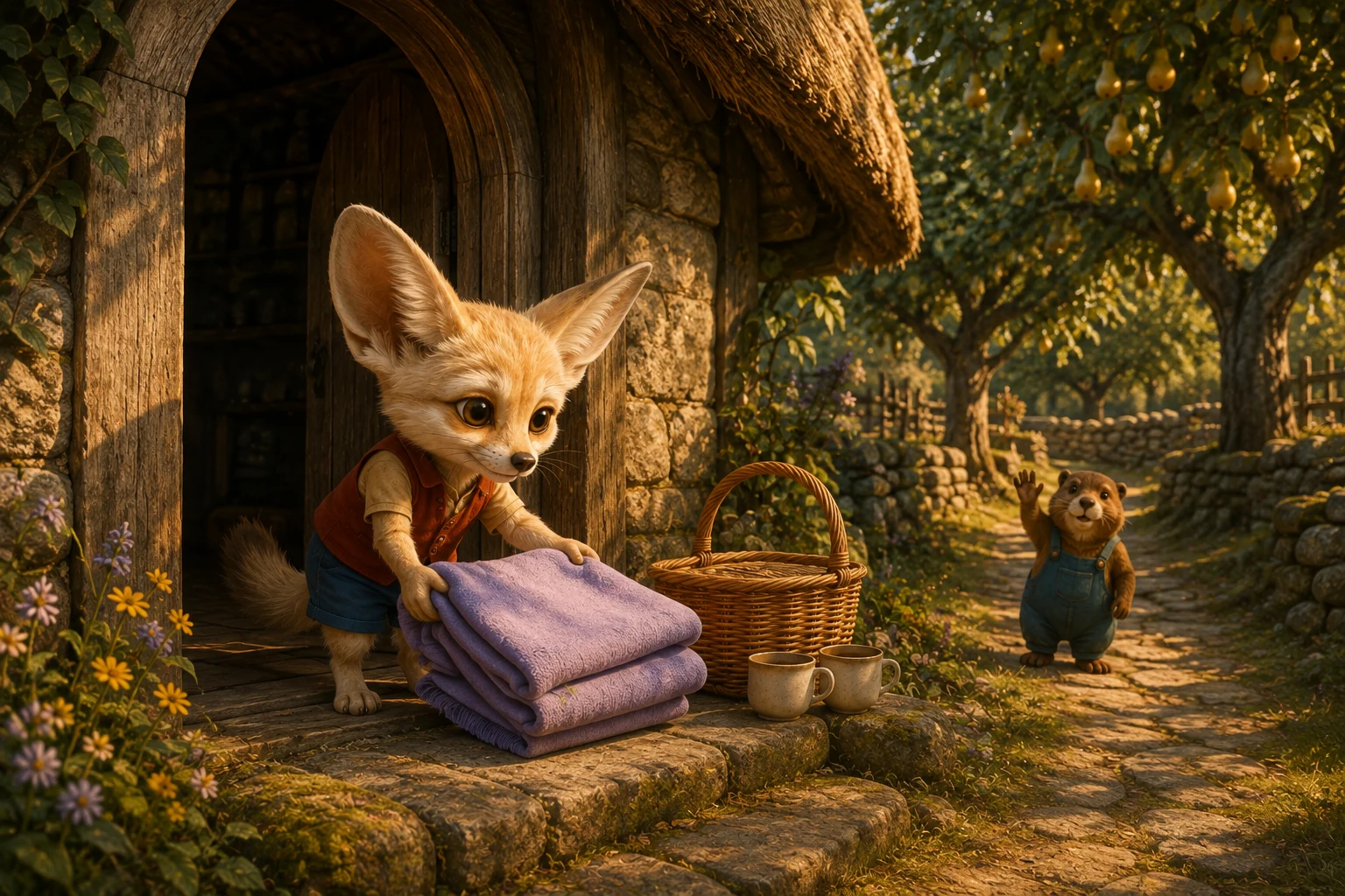 Nim folds the lavender blanket on his cottage step beside the basket and cups. Roo waves from the garden path.