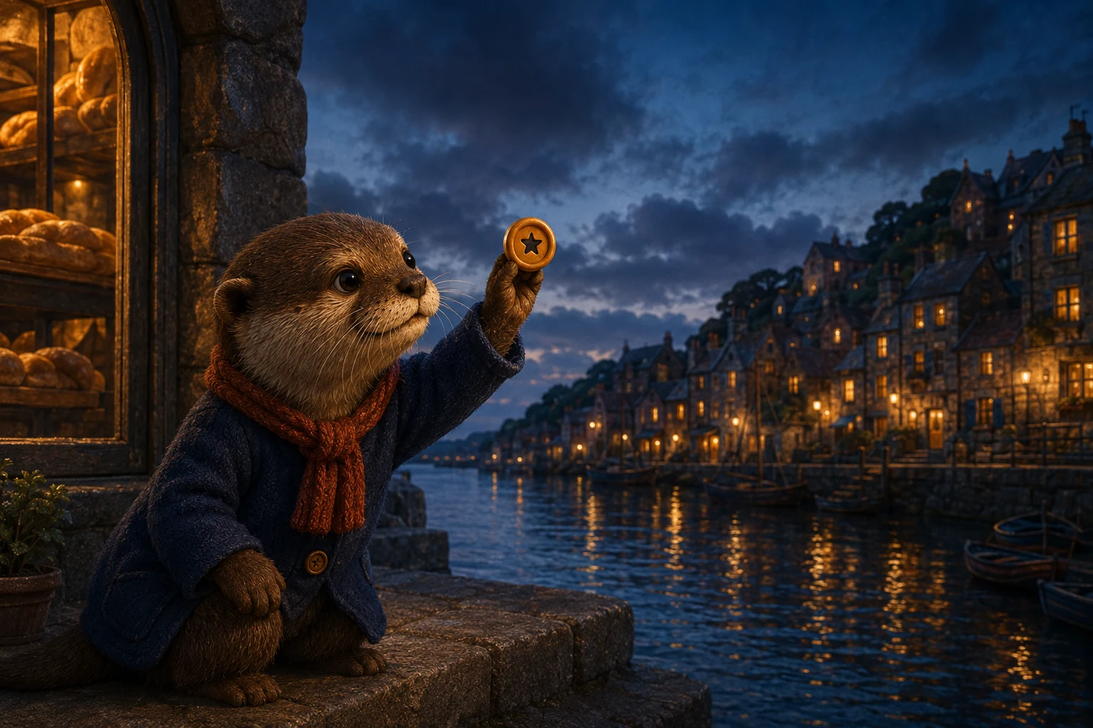 Moss holds an amber button up to the evening light beside a warm bakery window.